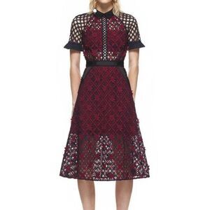 Self-Portrait Floral Grid Midi Dress Lace Collared US 2 UK 6 Extra Small